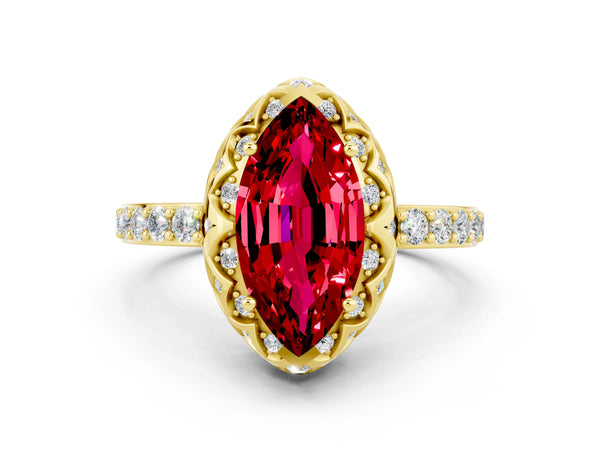 Yellow gold Marquise Cut Ruby Scalloped Halo Engagement Ring with Round Shared Prong Band