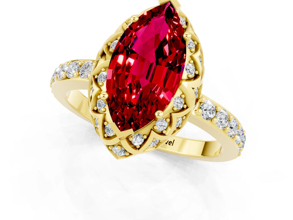 Yellow gold Marquise Cut Ruby Scalloped Halo Engagement Ring with Round Shared Prong Band