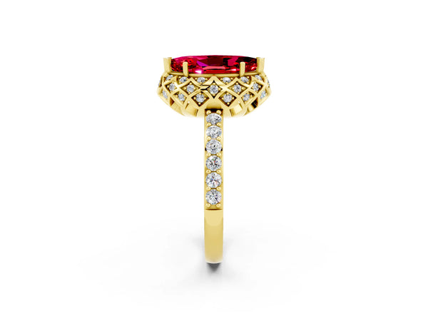 Yellow gold Marquise Cut Ruby Scalloped Halo Engagement Ring with Round Shared Prong Band