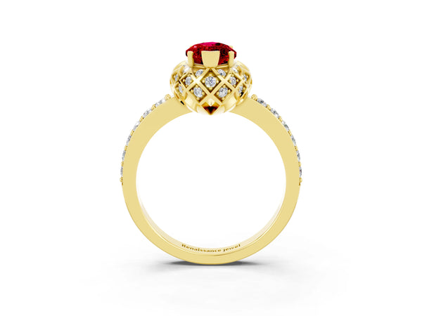 Yellow gold Marquise Cut Ruby Scalloped Halo Engagement Ring with Round Shared Prong Band