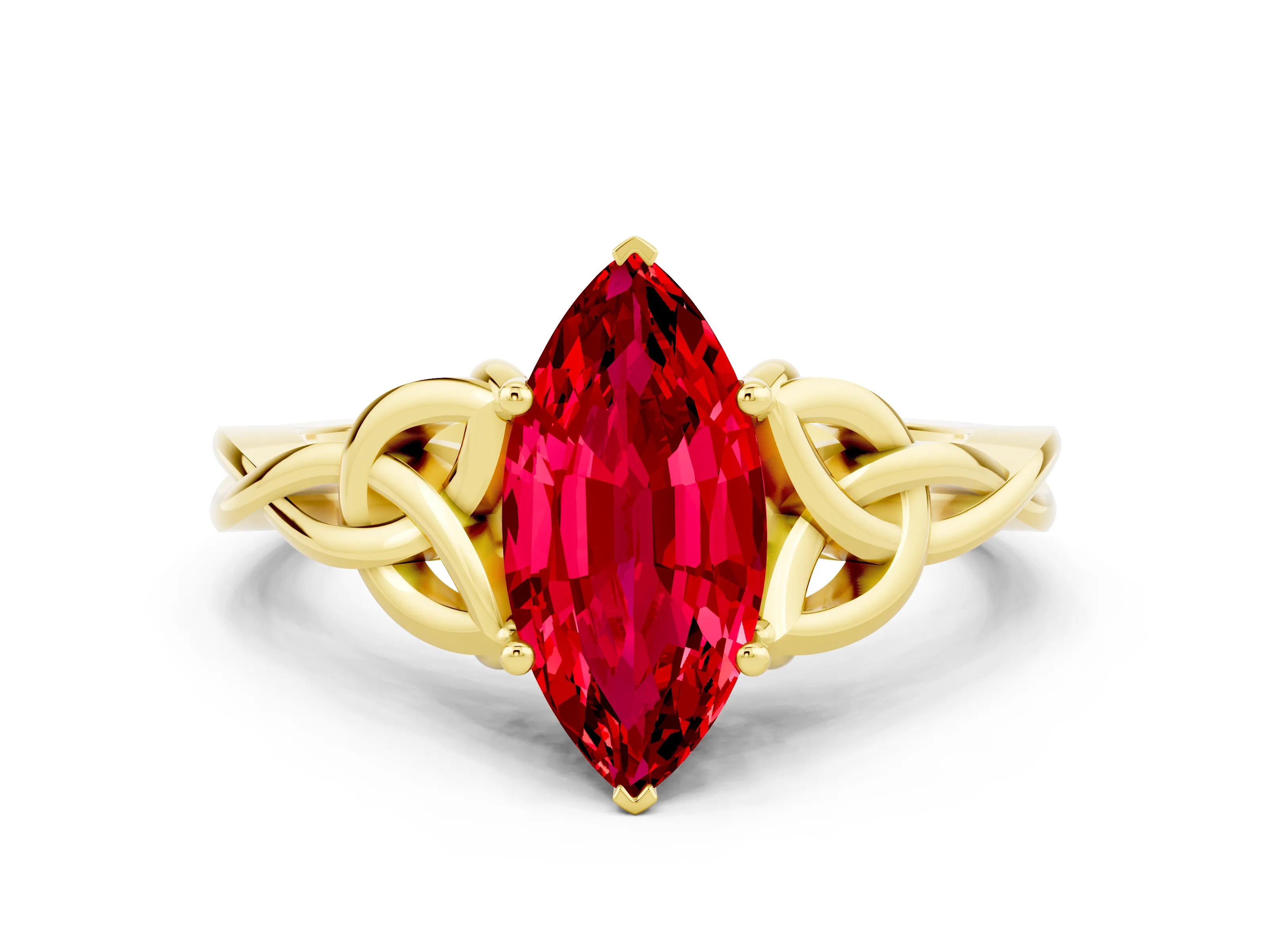 Yellow gold Marquise Cut Ruby Solitaire Celtic Knot Ring with Four-Prong Setting_12