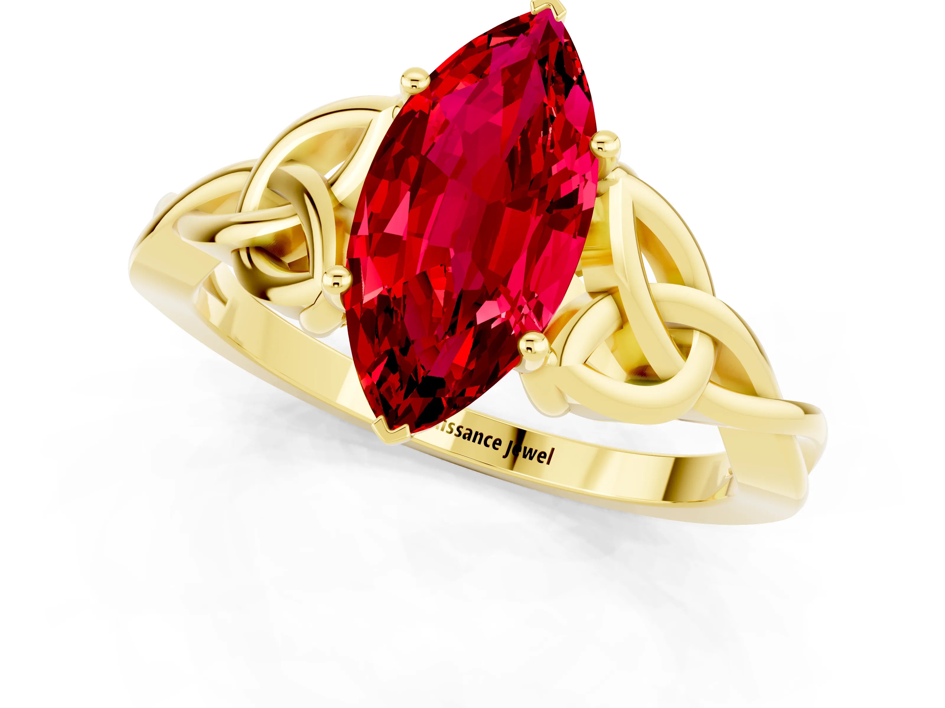 Yellow gold Marquise Cut Ruby Solitaire Celtic Knot Ring with Four-Prong Setting_13