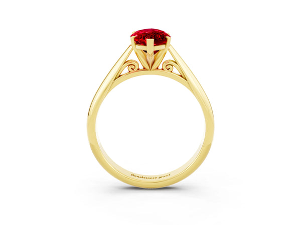 Yellow gold Marquise Cut Ruby Solitaire Engagement Ring with Cathedral Setting and Four-Prong Mount