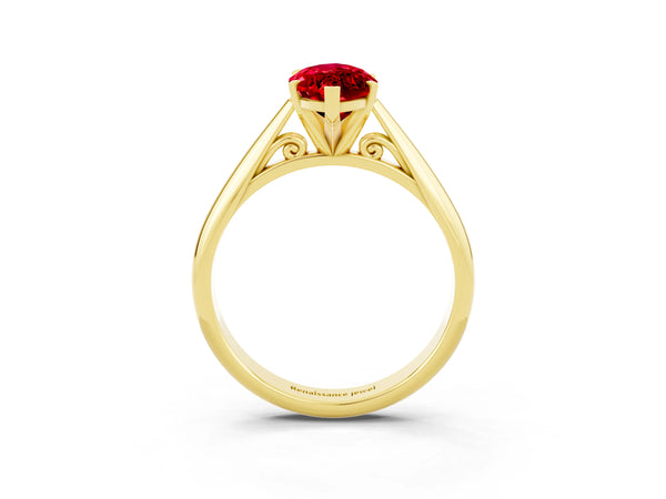 Yellow gold Marquise Cut Ruby Solitaire Engagement Ring with Cathedral Setting and Four-Prong Mount