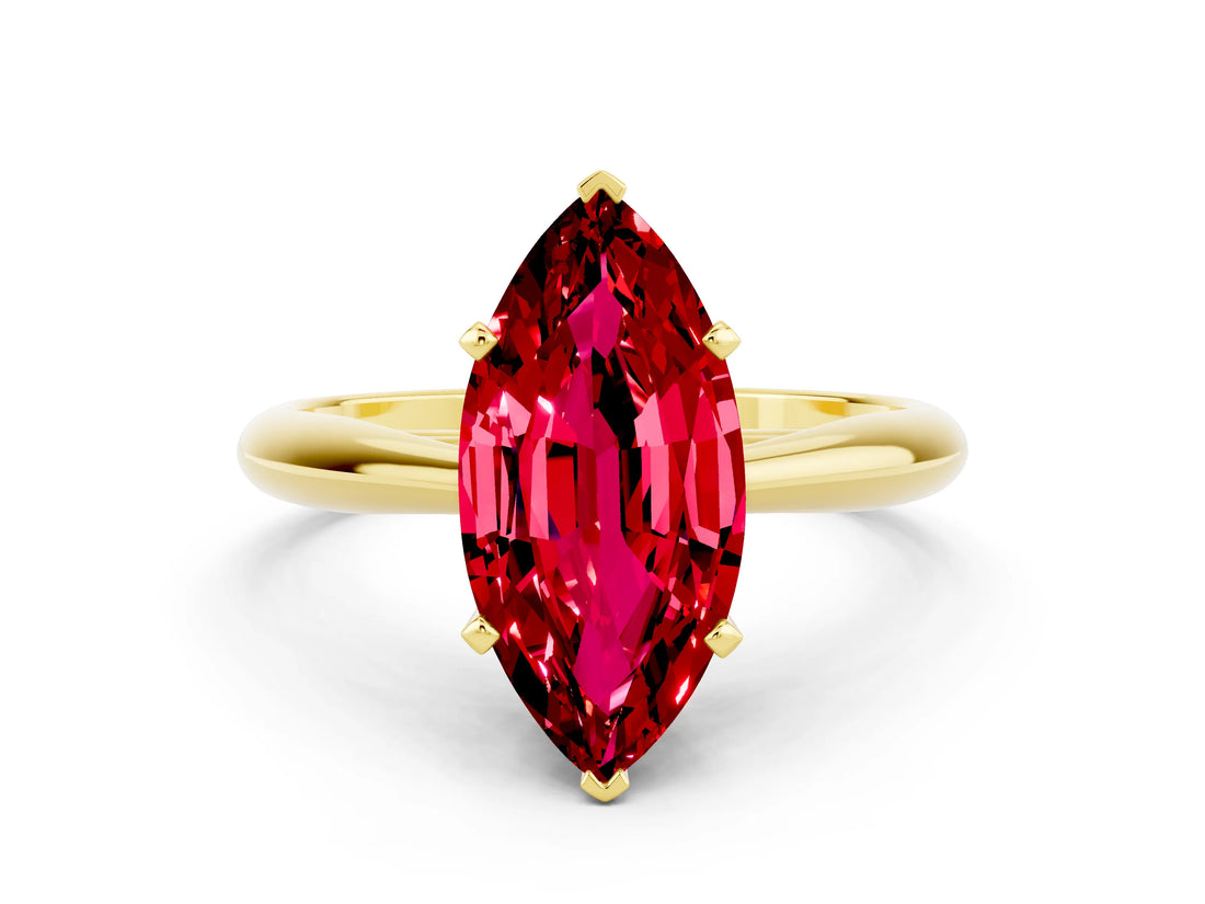 Yellow gold Marquise Cut Ruby Solitaire Engagement Ring with Cathedral Setting and Four-Prong Mount_72