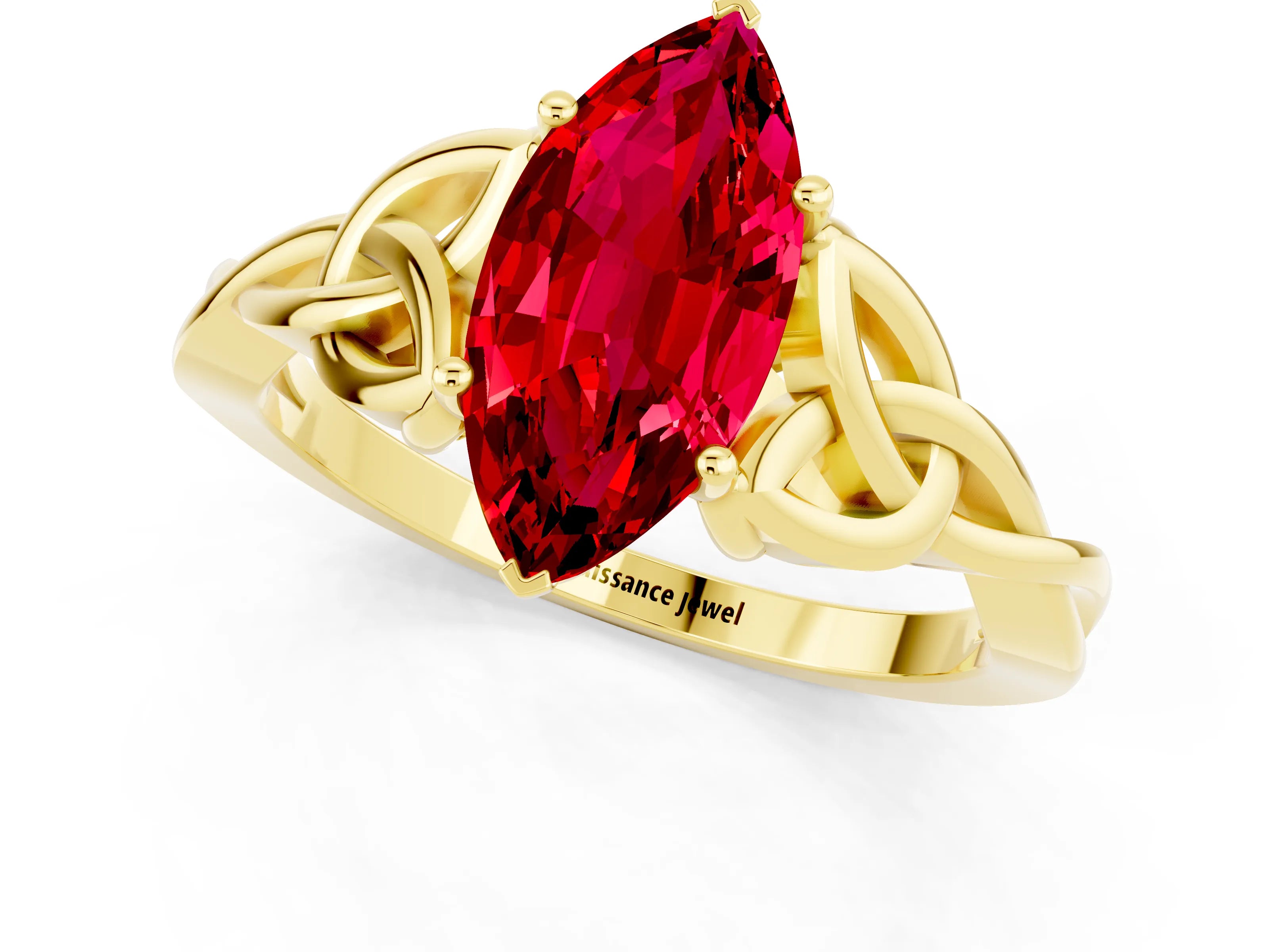 Yellow gold Marquise Cut Ruby Solitaire Engagement Ring with Celtic Knot Band and Four-Prong Setting_1