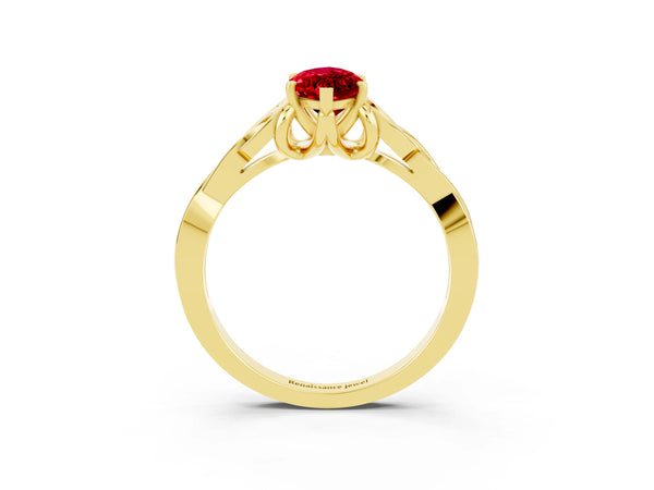 Yellow gold Marquise Cut Ruby Solitaire Engagement Ring with Celtic Knot Band and Four-Prong Setting