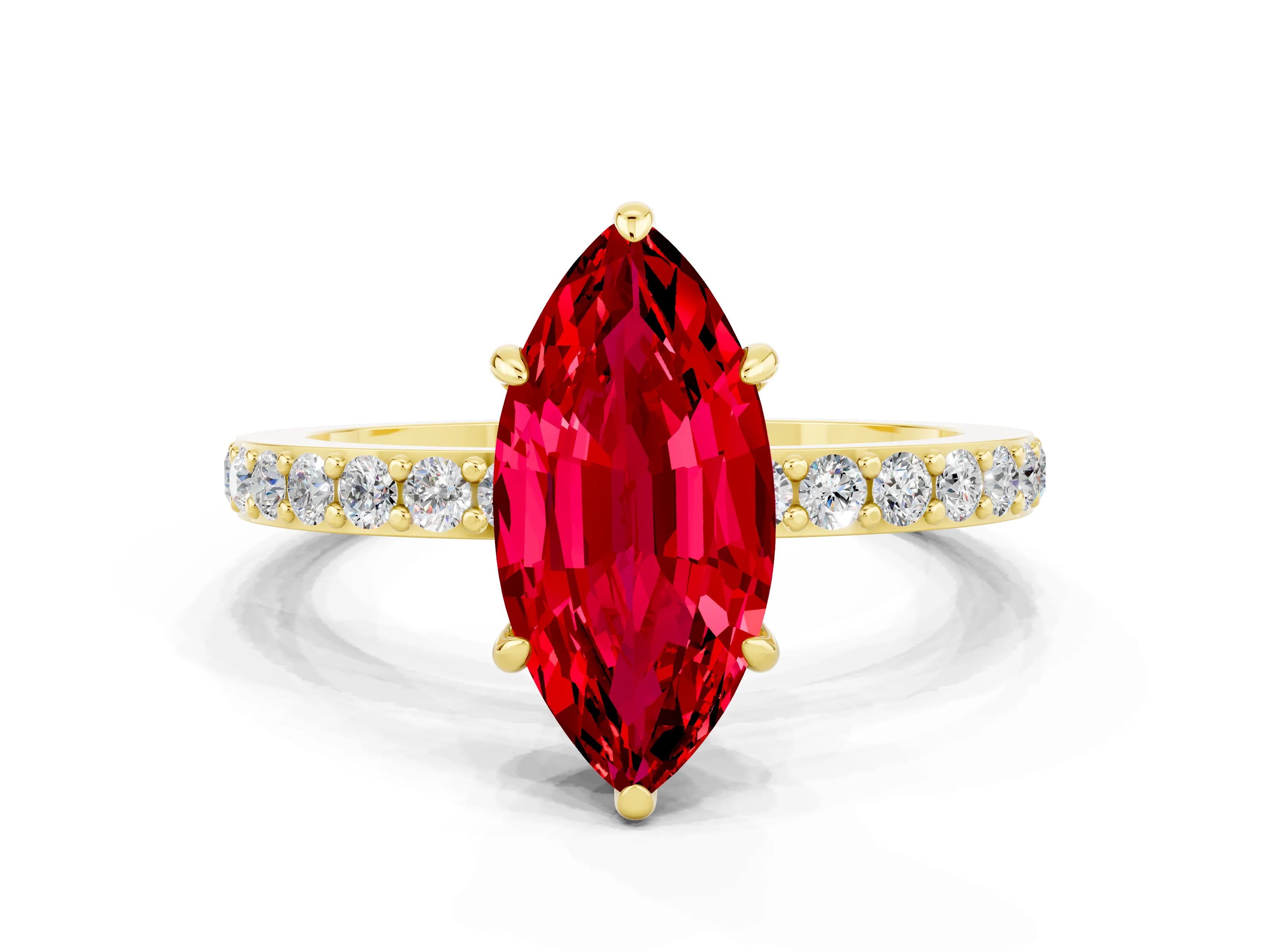 Yellow gold Marquise Cut Ruby Solitaire Engagement Ring with Pavé Band and Four-Prong Setting
