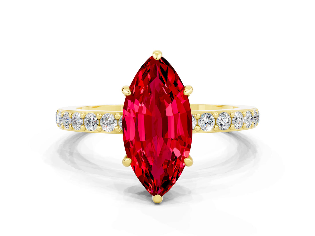 Yellow gold Marquise Cut Ruby Solitaire Engagement Ring with Pavé Band and Four-Prong Setting