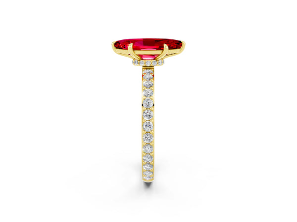 Yellow gold Marquise Cut Ruby Solitaire Engagement Ring with Pavé Band and Four-Prong Setting