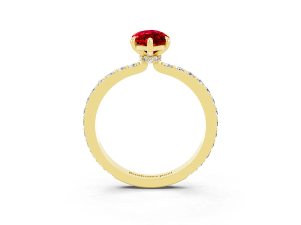 Yellow gold Marquise Cut Ruby Solitaire Engagement Ring with Pavé Band and Four-Prong Setting