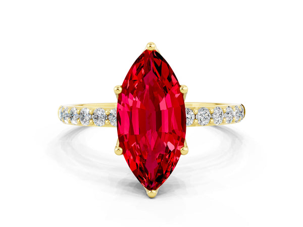 Yellow gold Marquise Cut Ruby Solitaire Engagement Ring with Round  Pavé Band and Prong Setting