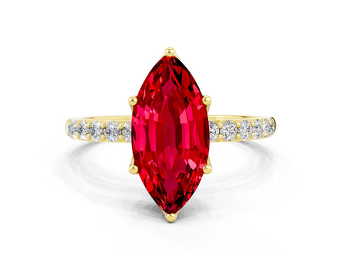 Yellow gold Marquise Cut Ruby Solitaire Engagement Ring with Pavé Band and Prong Setting