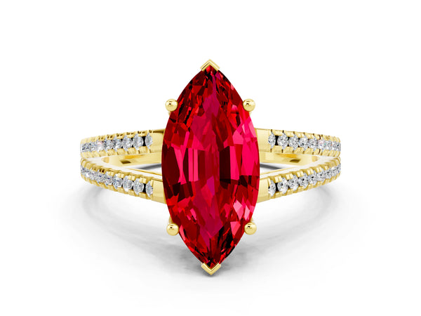 Yellow gold Marquise Cut Ruby Solitaire Engagement Ring with Split Shank Pavé Band