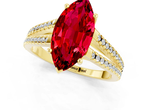Yellow gold Marquise Cut Ruby Solitaire Engagement Ring with Split Shank Pavé Band