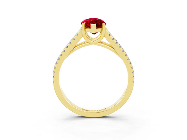 Yellow gold Marquise Cut Ruby Solitaire Engagement Ring with Split Shank Pavé Band