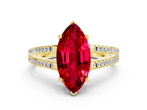 Yellow gold Marquise Cut Ruby Solitaire Engagement Ring with Split Shank Pavé Band
