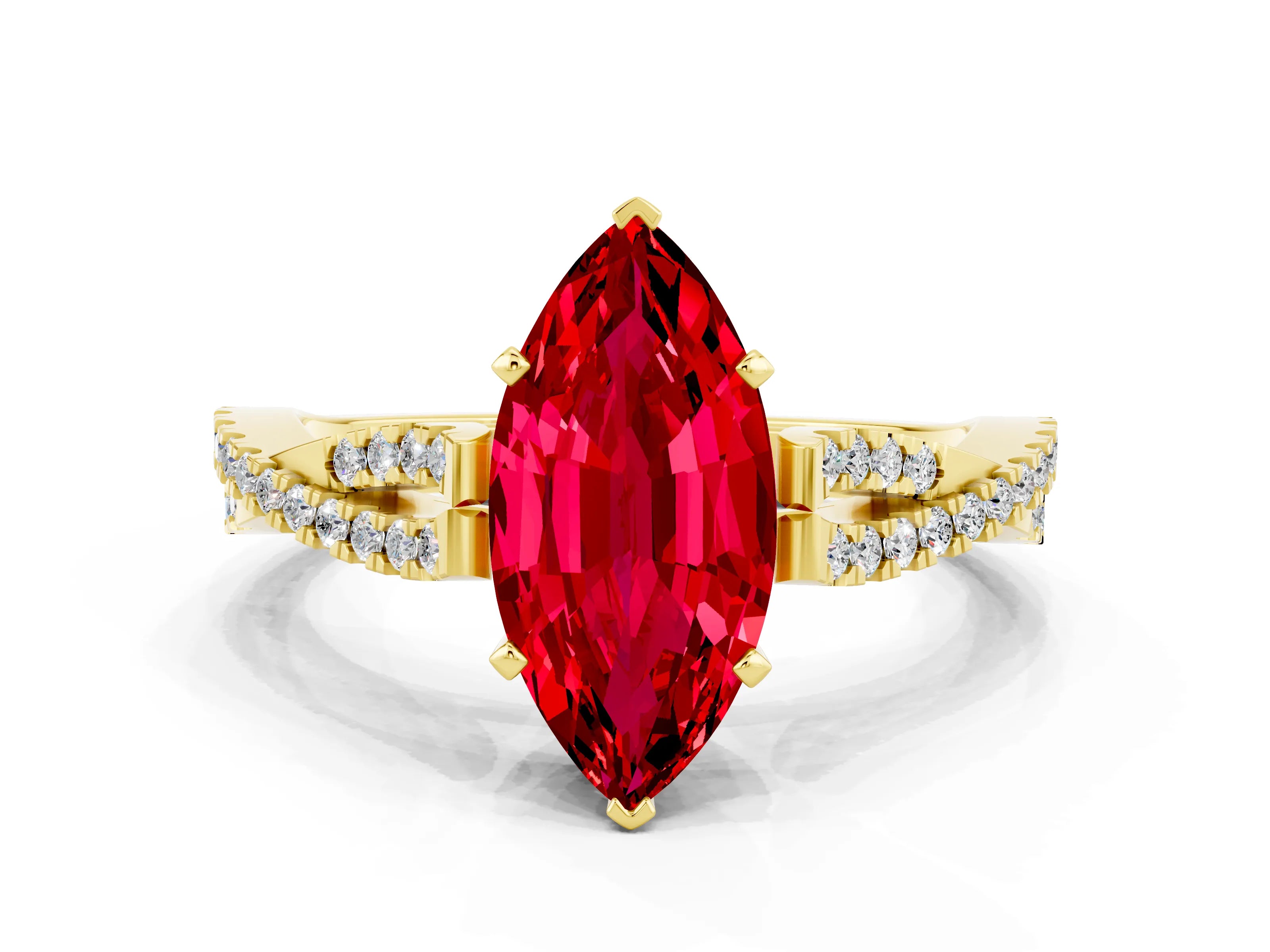 Yellow gold Marquise Cut Ruby Solitaire Engagement Ring with Twisted Pavé Band and Four-Prong Setting