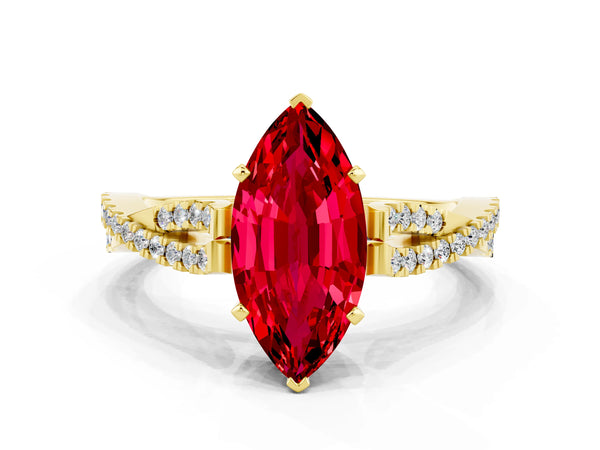 Yellow gold Marquise Cut Ruby Solitaire Engagement Ring with Twisted Pavé Band and Four-Prong Setting