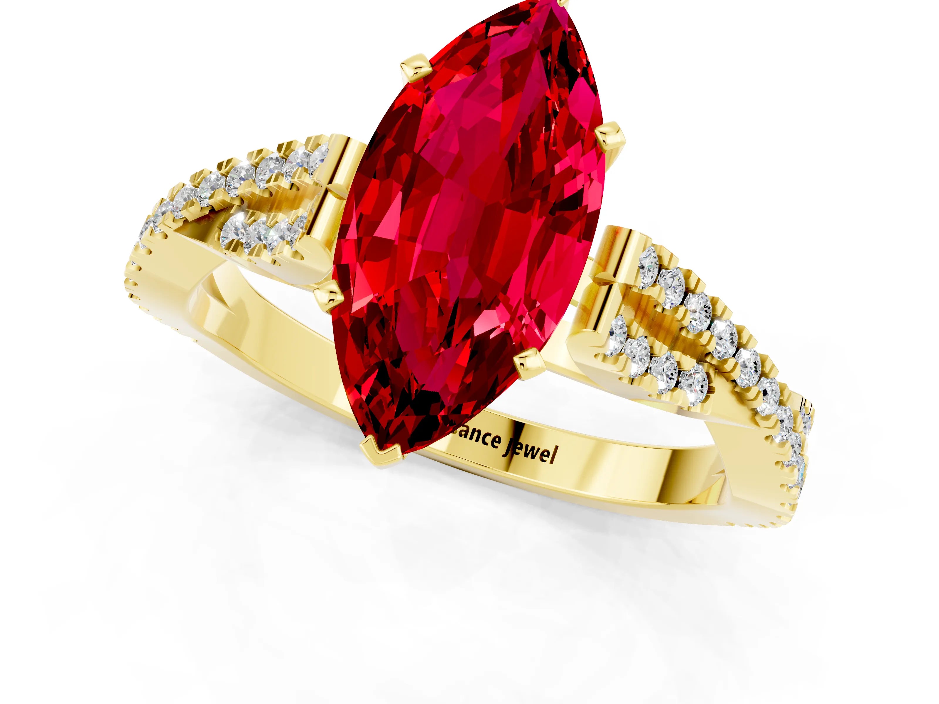 Yellow gold Marquise Cut Ruby Solitaire Engagement Ring with Twisted Pavé Band and Four-Prong Setting_1