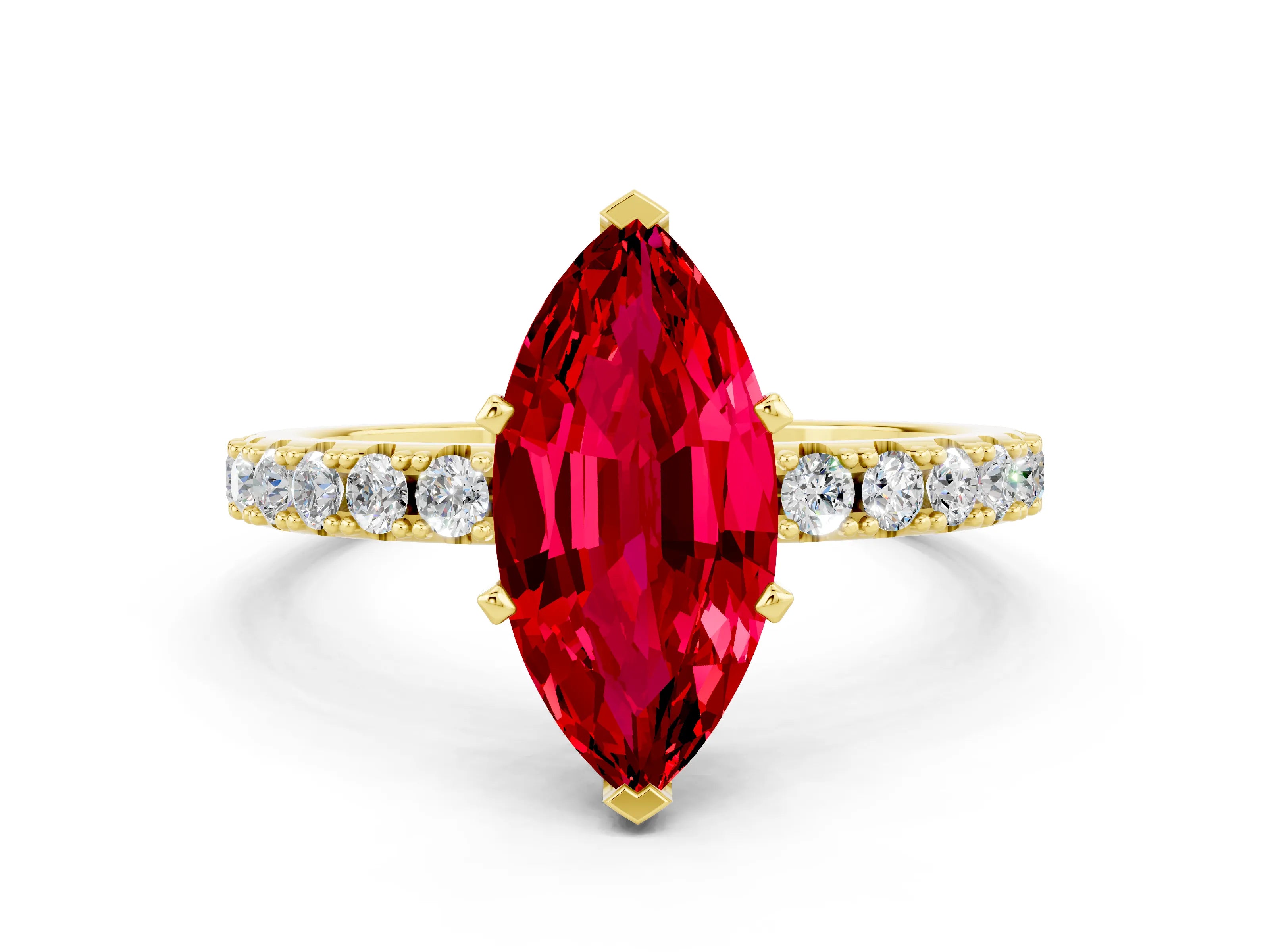 Yellow gold Marquise Cut Ruby Solitaire Pavé Band with Four-Prong Setting
