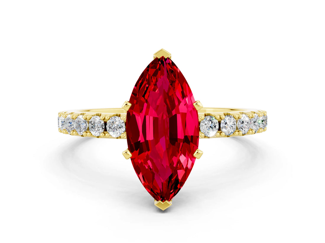 Yellow gold Marquise Cut Ruby Solitaire Pavé Band with Four-Prong Setting