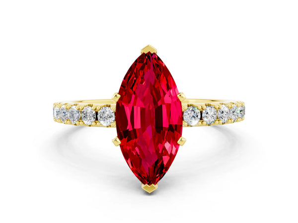 Yellow gold Marquise Cut Ruby Solitaire Pavé Band with Four-Prong Setting