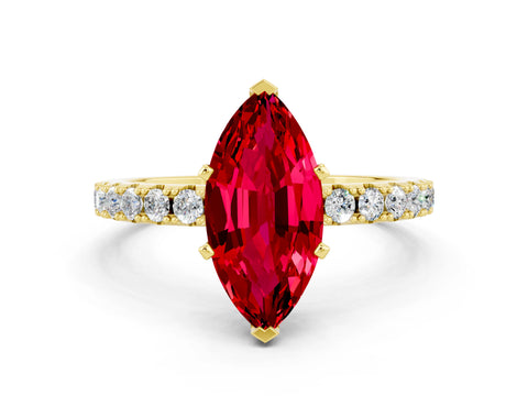 Yellow gold Marquise Cut Ruby Solitaire Pavé Band with Four-Prong Setting