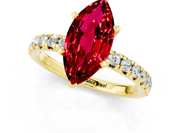 Yellow gold Marquise Cut Ruby Solitaire Pavé Engagement Ring with Round Band and Prong Setting