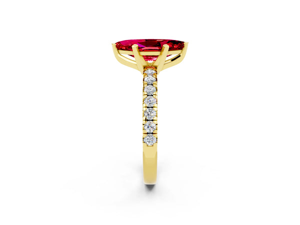 Yellow gold Marquise Cut Ruby Solitaire Pavé Engagement Ring with Round Band and Prong Setting