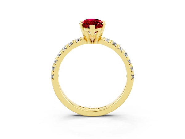 Yellow gold Marquise Cut Ruby Solitaire Pavé Engagement Ring with Round Band and Prong Setting