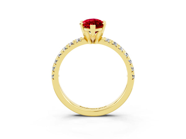 Yellow Gold Marquise Lab-Grown Ruby Solitaire Engagement Ring with Large Round Accent Band