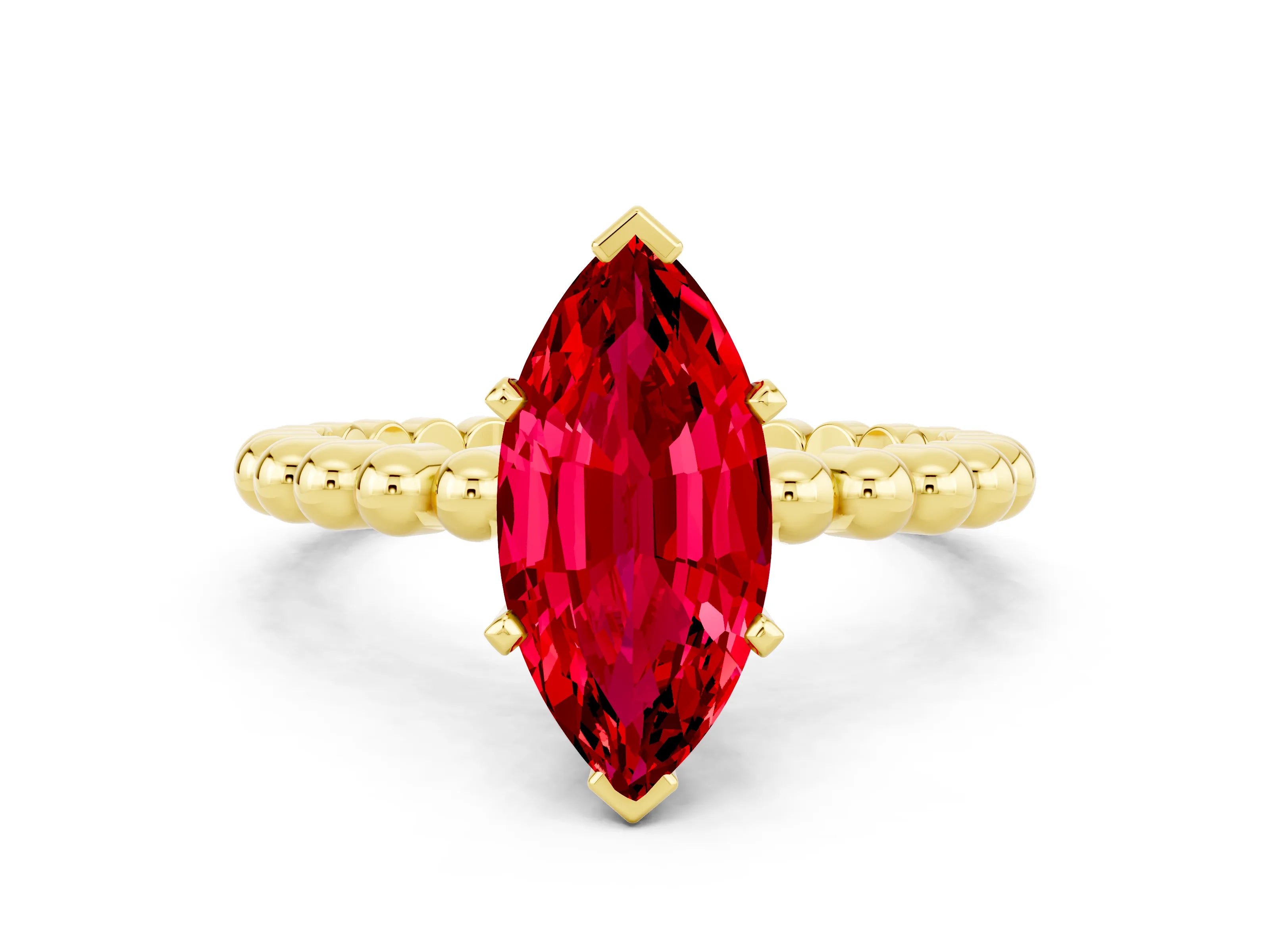 Yellow gold Marquise Cut Ruby Solitaire Ring with Beaded Band and Prong Setting