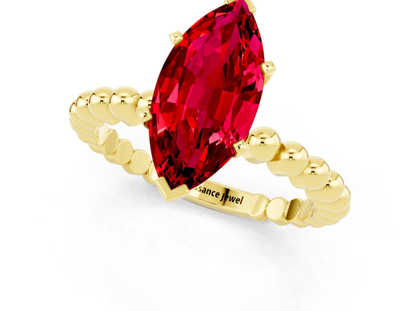 Yellow gold Marquise Cut Ruby Solitaire Ring with Beaded Band and Prong Setting