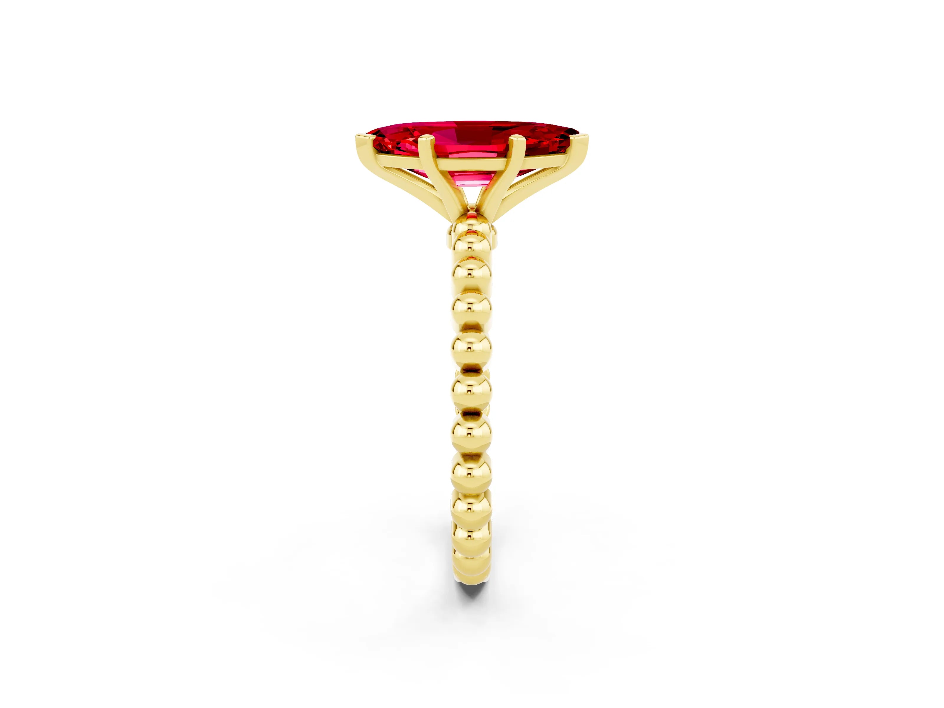 Yellow gold Marquise Cut Ruby Solitaire Ring with Beaded Band and Prong Setting_2