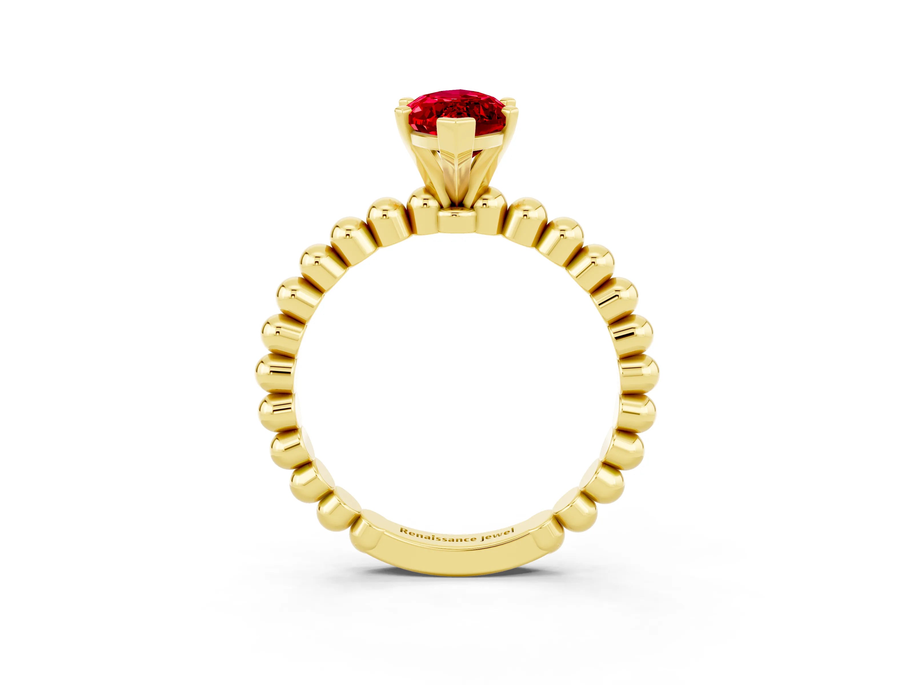 Yellow gold Marquise Cut Ruby Solitaire Ring with Beaded Band and Prong Setting_3