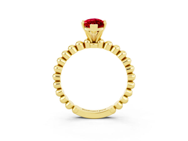 Yellow gold Marquise Cut Ruby Solitaire Ring with Beaded Band and Prong Setting
