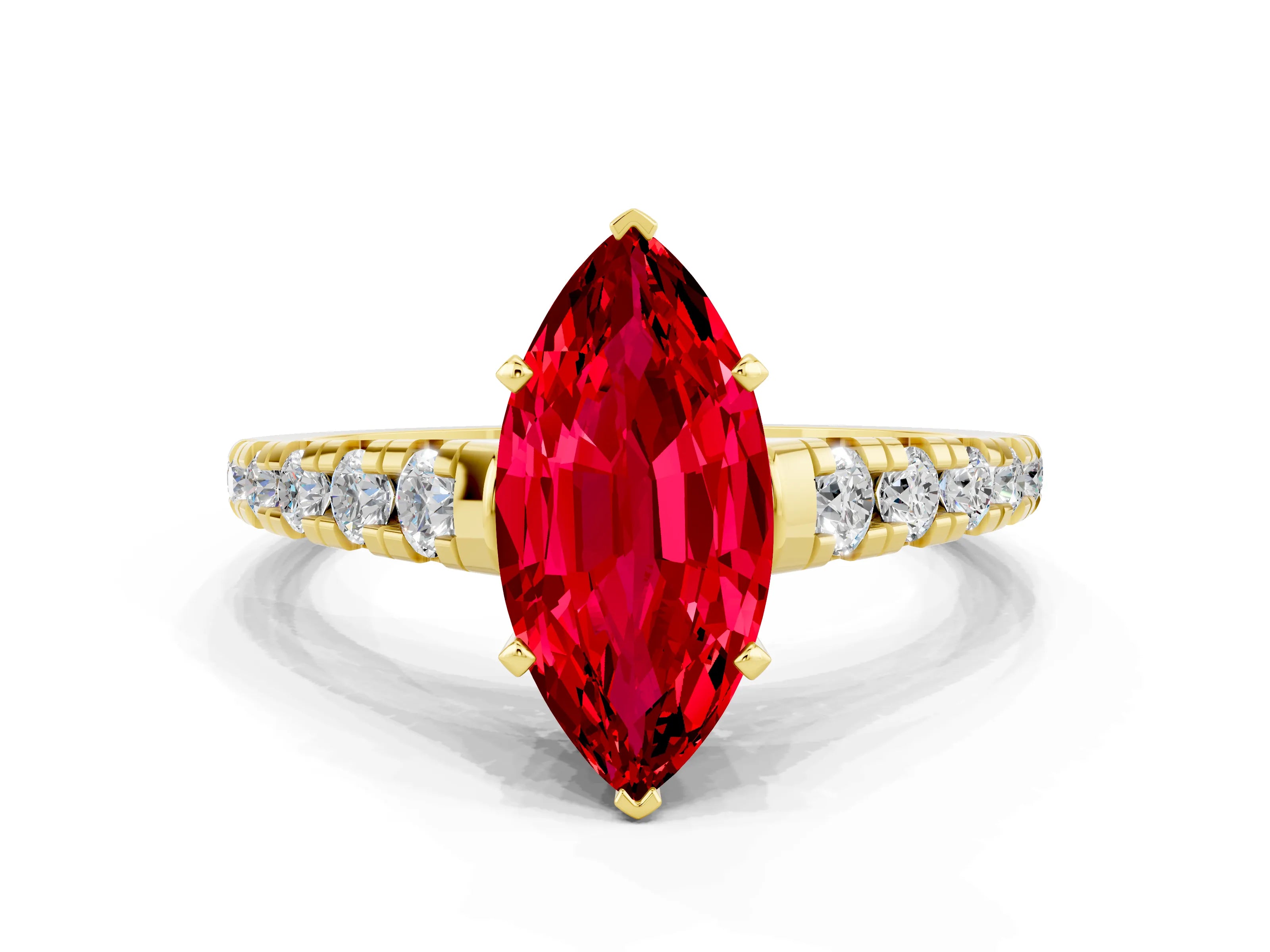 Yellow gold Marquise Cut Ruby Solitaire Ring with Cathedral Setting and Pavé Band
