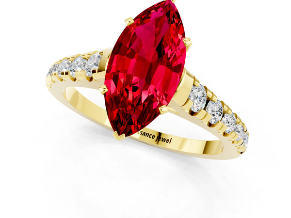 Yellow gold Marquise Cut Ruby Cathedral Solitaire Ring with Round  Pavé Band