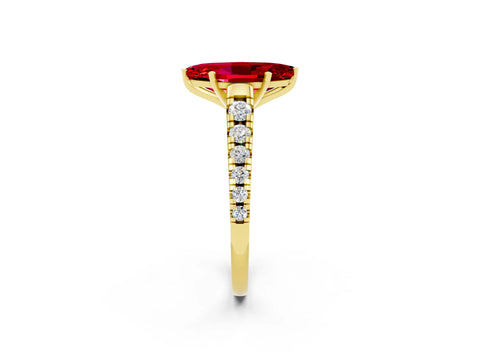 Yellow gold Marquise Cut Ruby Solitaire Ring with Cathedral Setting and Pavé Band_2