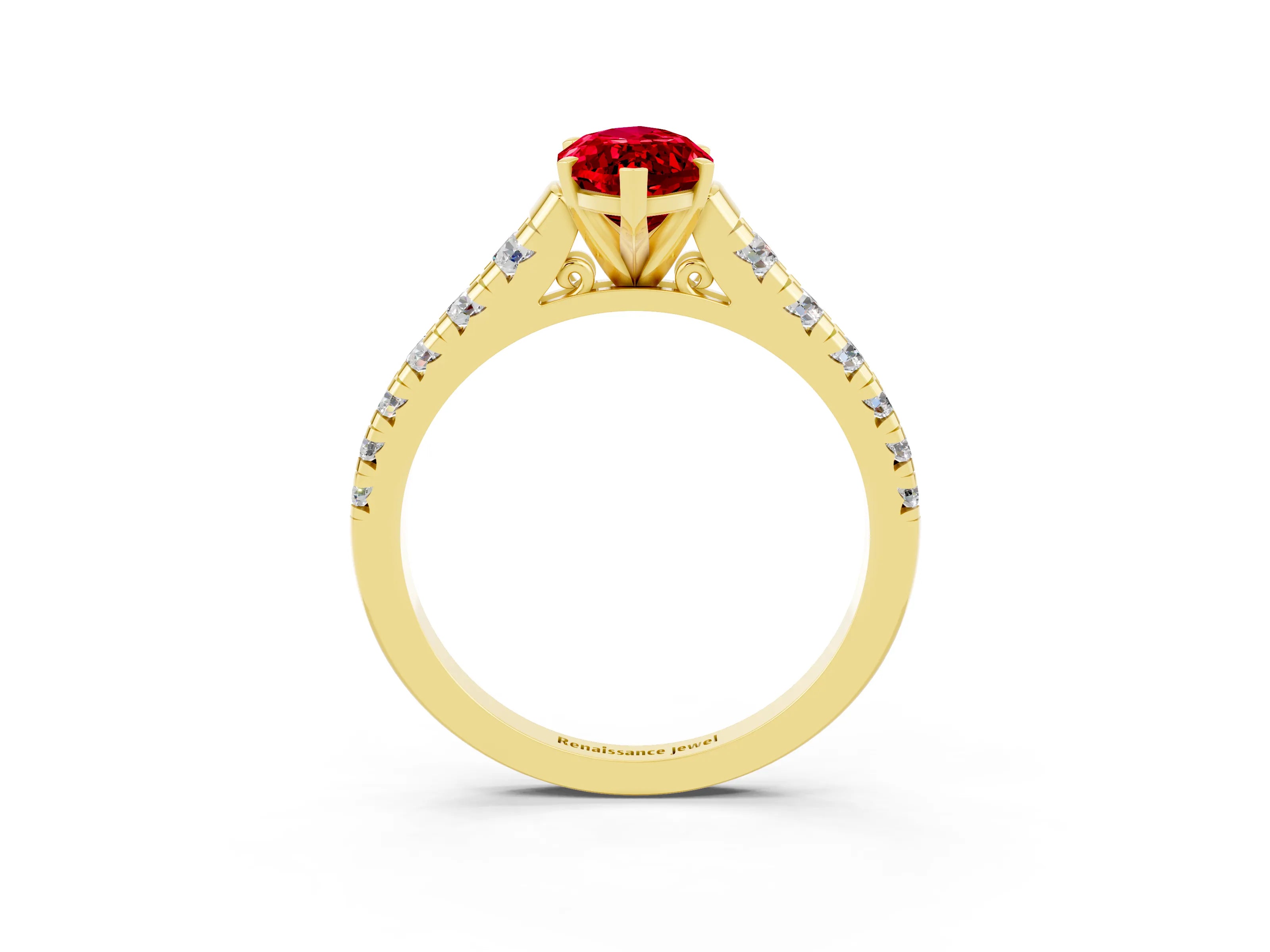 Yellow gold Marquise Cut Ruby Solitaire Ring with Cathedral Setting and Pavé Band_3