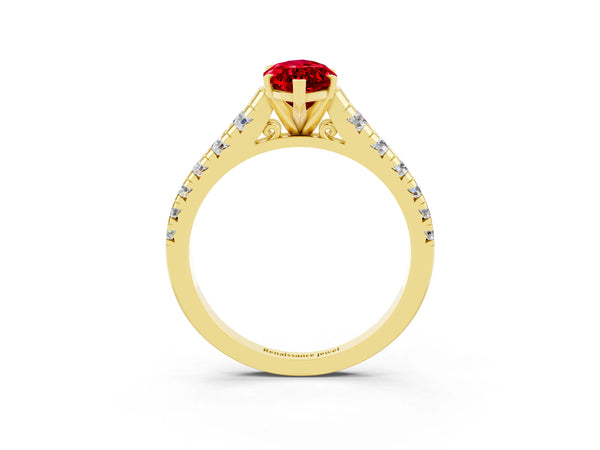 Yellow gold Marquise Cut Ruby Cathedral Solitaire Ring with Round  Pavé Band