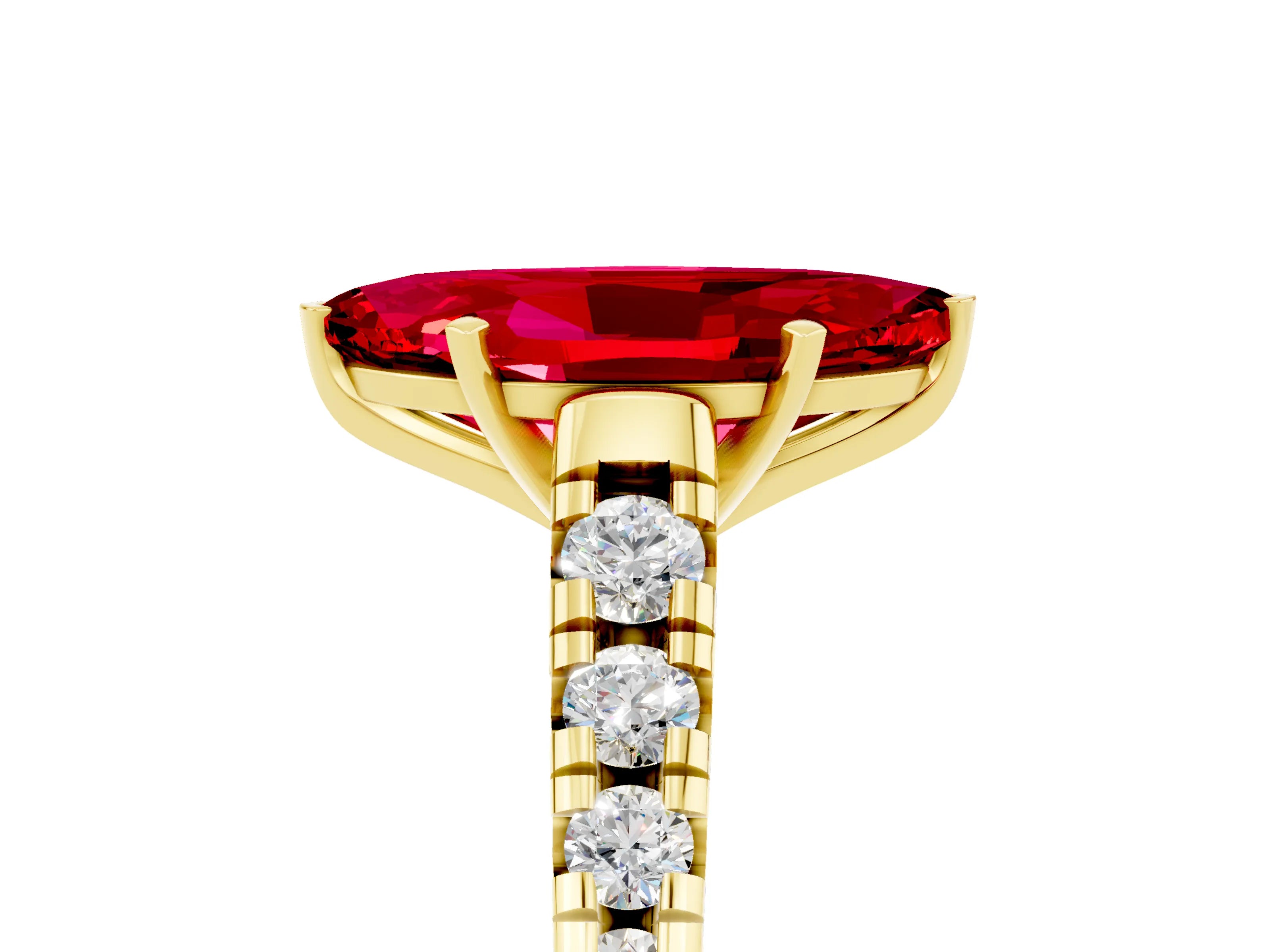 Yellow gold Marquise Cut Ruby Solitaire Ring with Cathedral Setting and Pavé Band_5