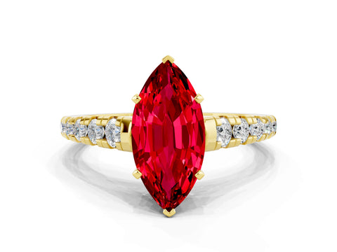 Yellow gold Marquise Cut Ruby Solitaire Ring with Cathedral Setting and Pavé Band