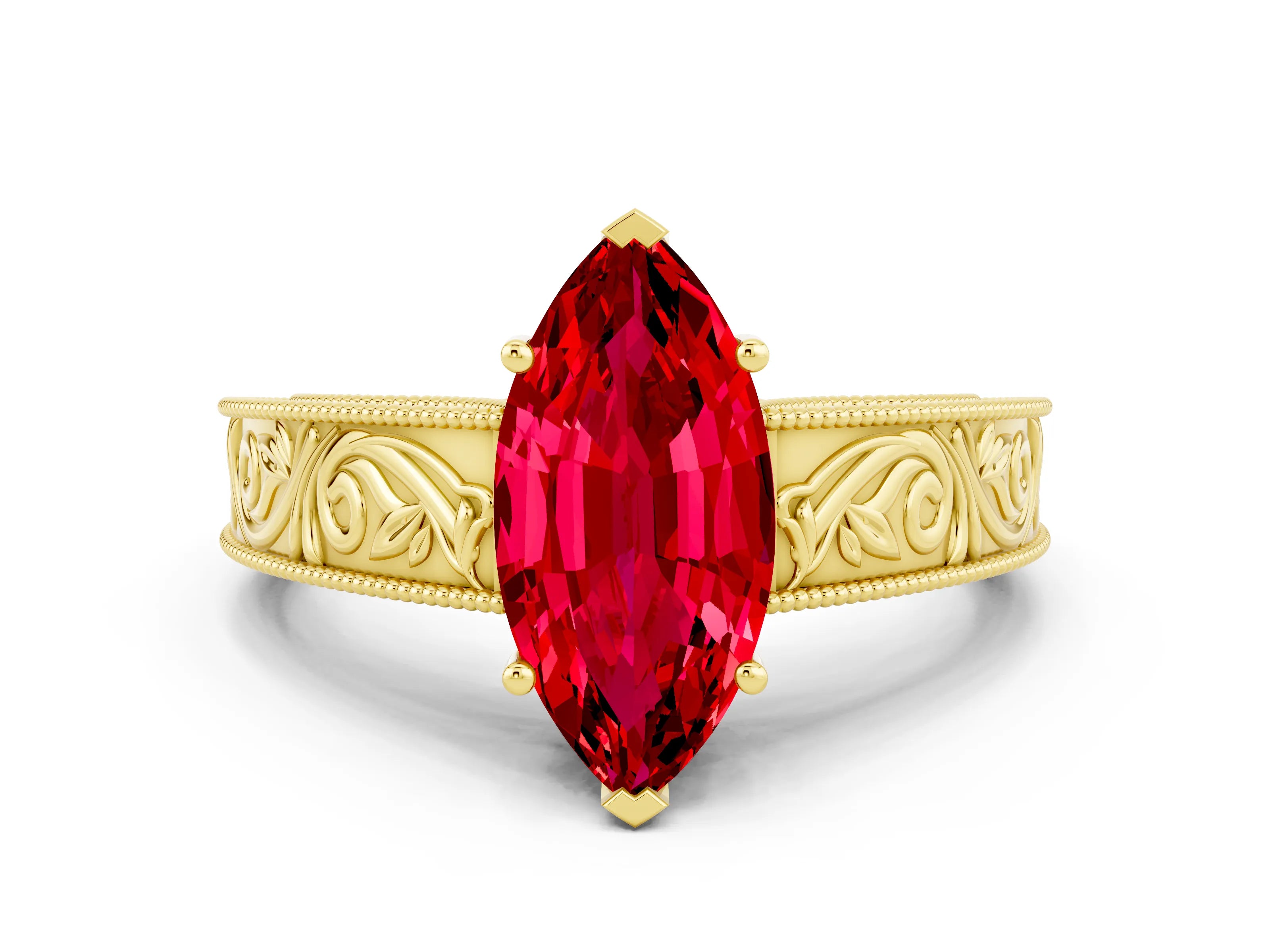 Yellow gold Marquise Cut Ruby Solitaire Ring with Engraved Band and Four-Prong Setting