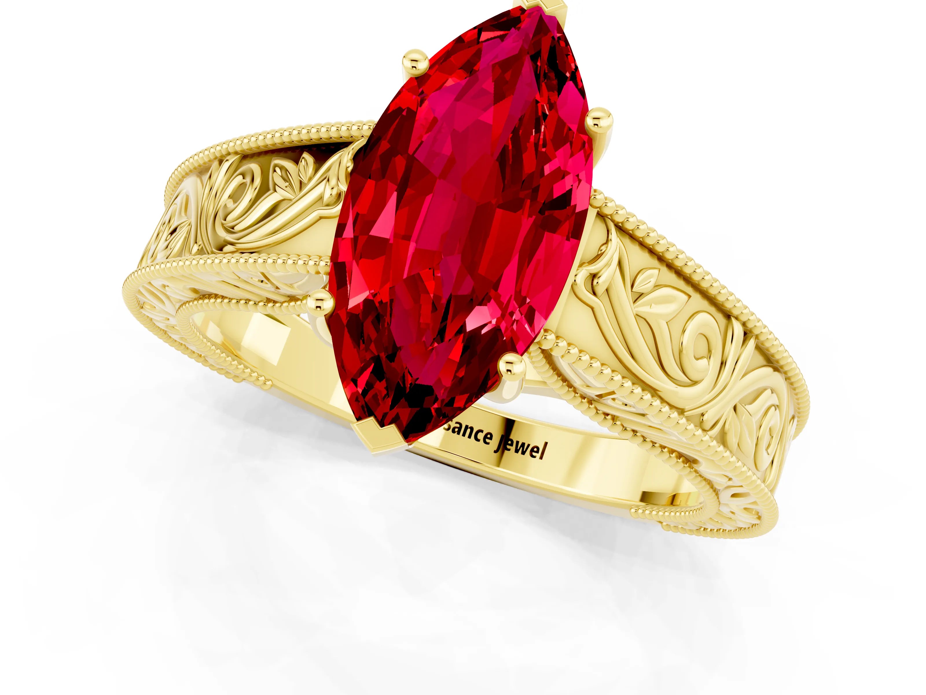 Yellow gold Marquise Cut Ruby Solitaire Ring with Engraved Band and Four-Prong Setting_1