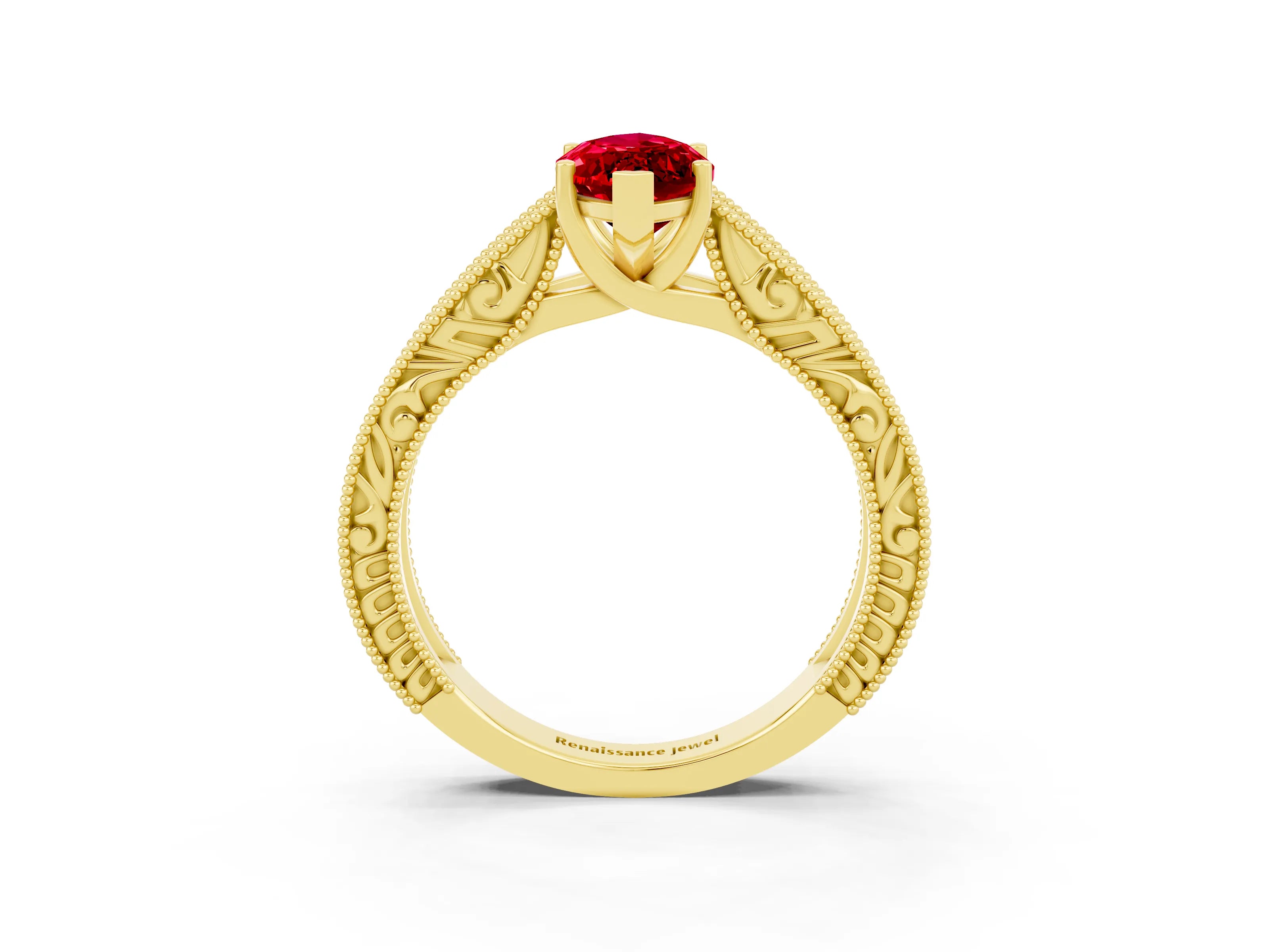 Yellow gold Marquise Cut Ruby Solitaire Ring with Engraved Band and Four-Prong Setting_3
