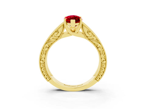 Yellow gold Marquise Cut Ruby Solitaire Ring with Engraved Band and Four-Prong Setting_3