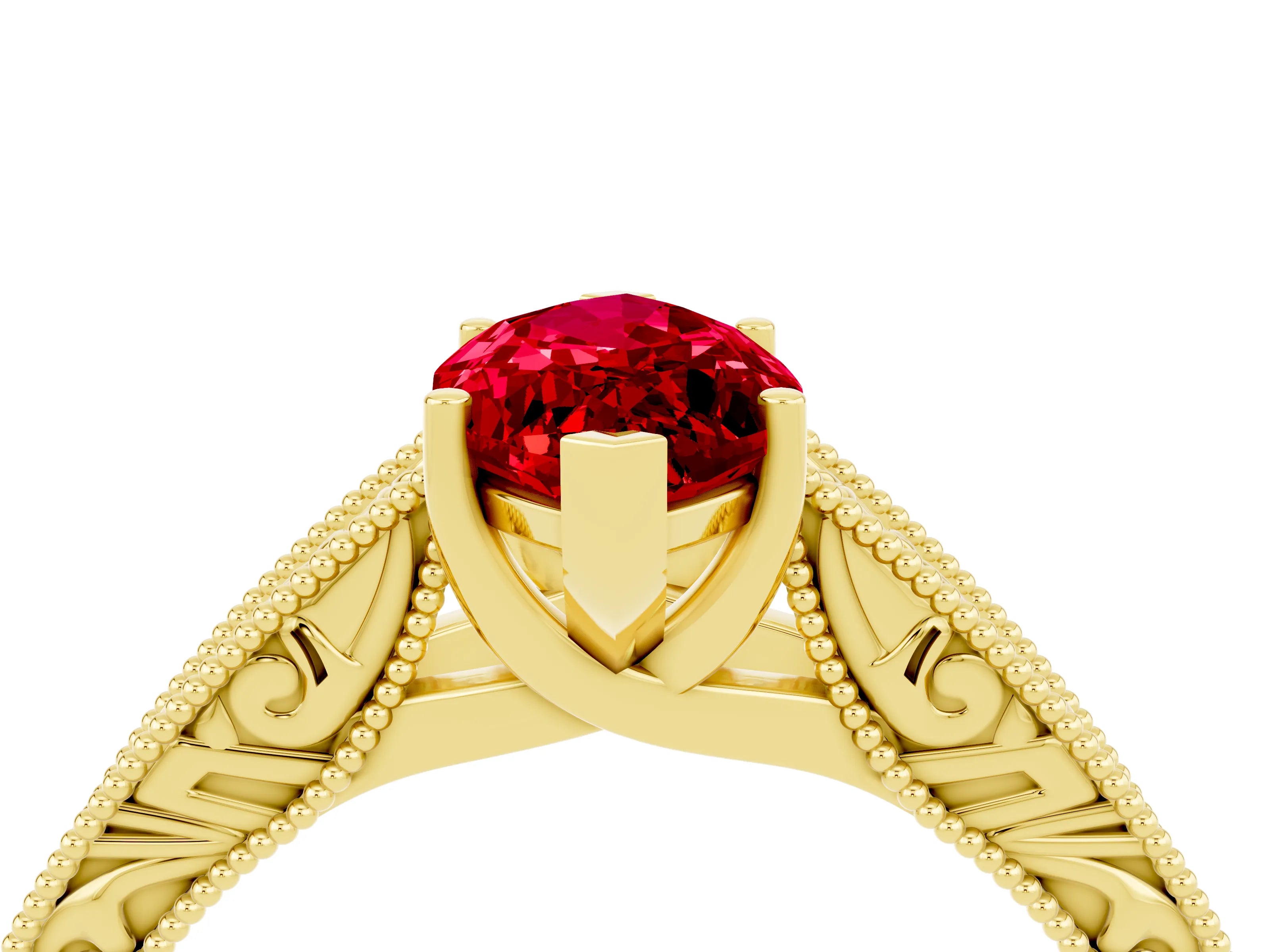 Yellow gold Marquise Cut Ruby Solitaire Ring with Engraved Band and Four-Prong Setting_4