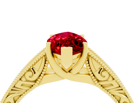 Yellow gold Marquise Cut Ruby Solitaire Ring with Engraved Band and Four-Prong Setting_4